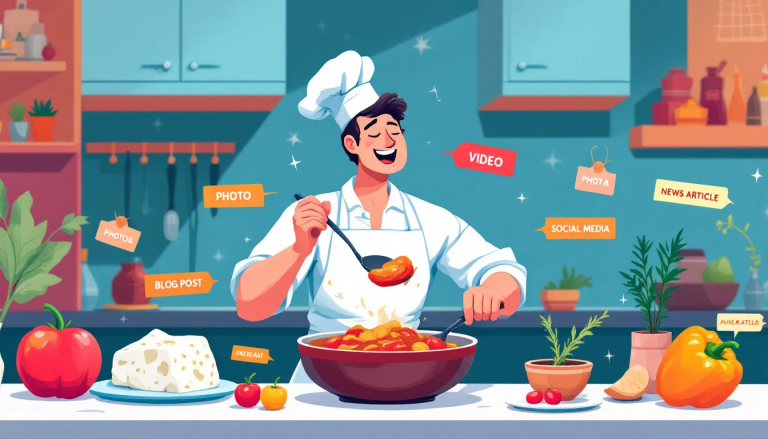 In a vibrant kitchen scene, a chef is carefully tasting a stew surrounded by labelled ingredients representing various types of web content, such as text, images, and videos. The illustration symbolizes the importance of a content strategy for engaging website visitors and improving search engine rankings.